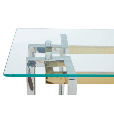 Clear Glass Console Table with Silver and Gold Finish Base