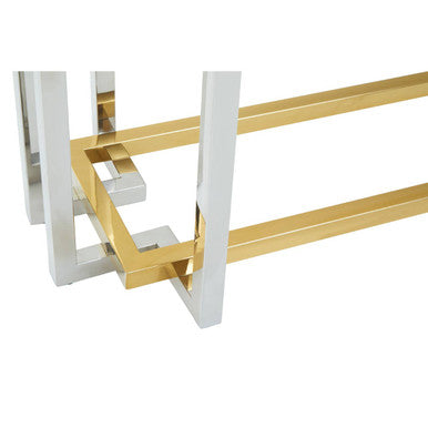 Clear Glass Console Table with Silver and Gold Finish Base