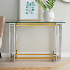Clear Glass Console Table with Silver and Gold Finish Base