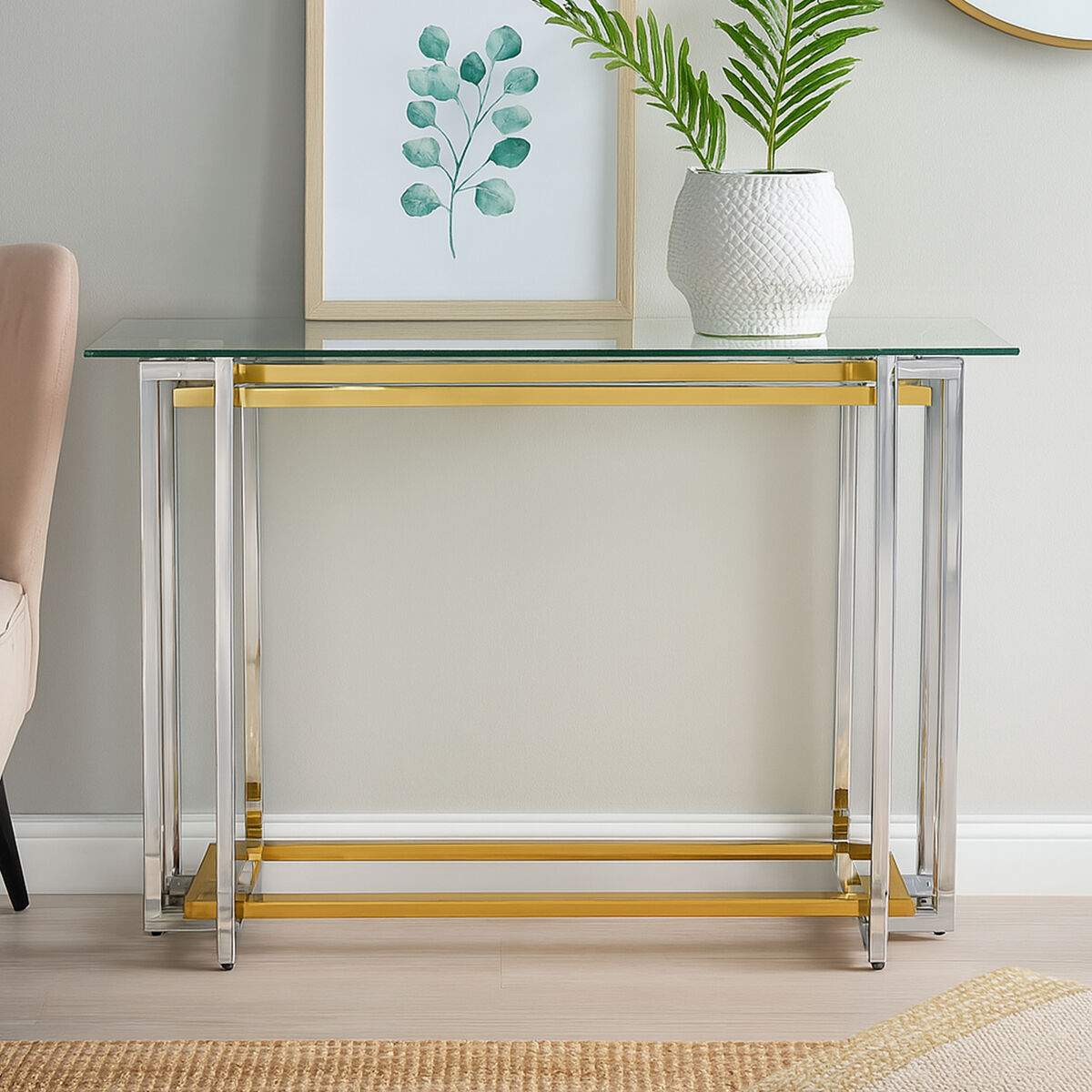 Clear Glass Console Table with Silver and Gold Finish Base