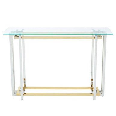 Clear Glass Console Table with Silver and Gold Finish Base