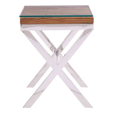 Natural Recycled Wood Small Side Table with Cross Base