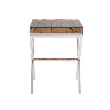 Natural Recycled Wood Small Side Table with Cross Base