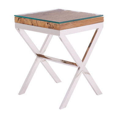 Natural Recycled Wood Small Side Table with Cross Base