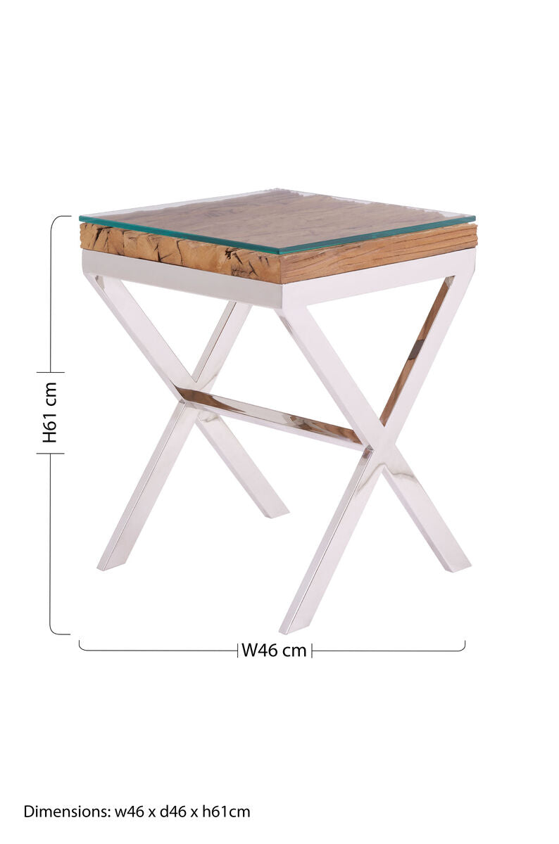 Natural Recycled Wood Small Side Table with Cross Base