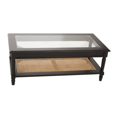 Black Coffee Table with Natural Rattan Shelf