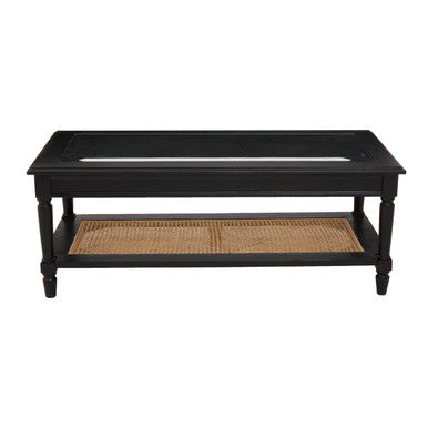 Black Coffee Table with Natural Rattan Shelf