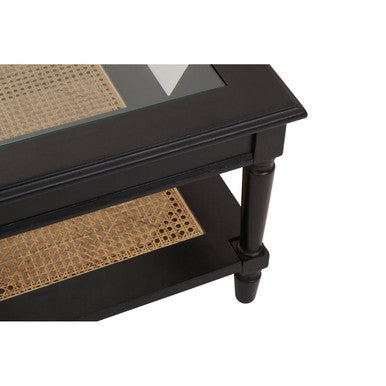 Black Coffee Table with Natural Rattan Shelf