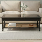 Black Coffee Table with Natural Rattan Shelf