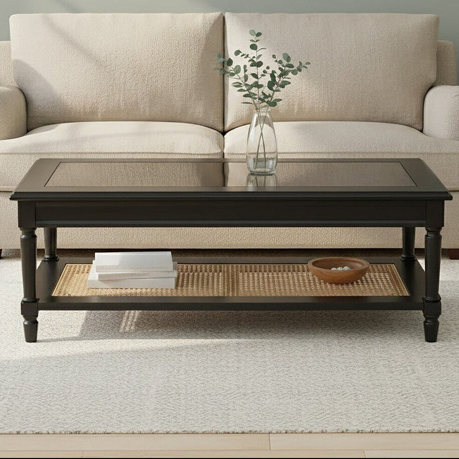 Black Coffee Table with Natural Rattan Shelf