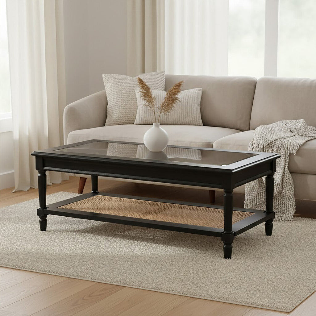Black Coffee Table with Natural Rattan Shelf