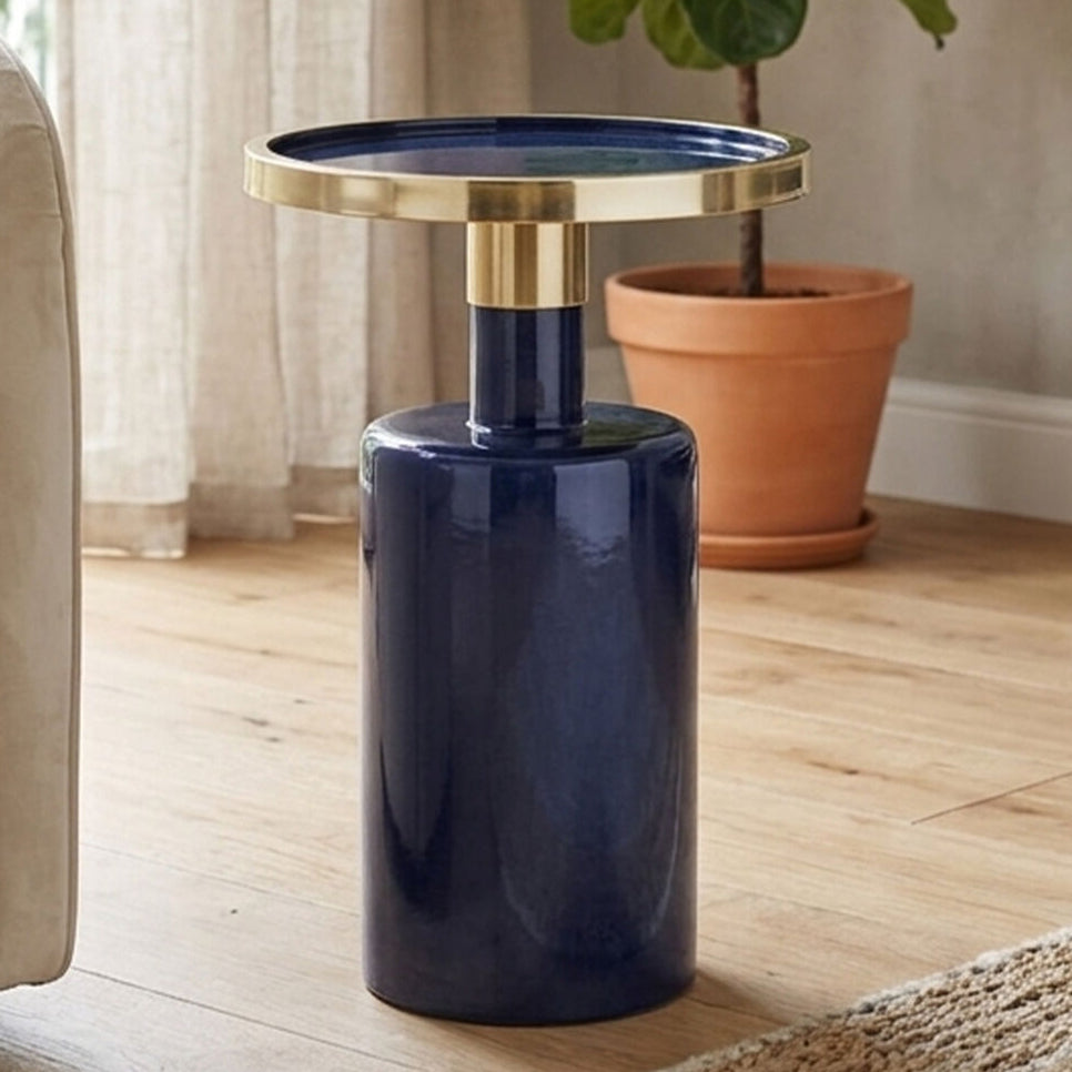 Gold and Navy Art Deco Pillar Metal Side Table with Base