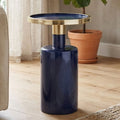 Gold and Navy Art Deco Pillar Metal Side Table with Base