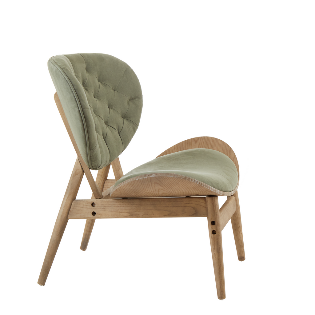 Green Velvet Chair with Grey Elm Wood Frame