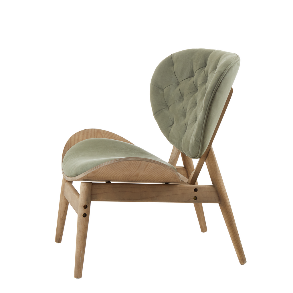 Green Velvet Chair with Grey Elm Wood Frame
