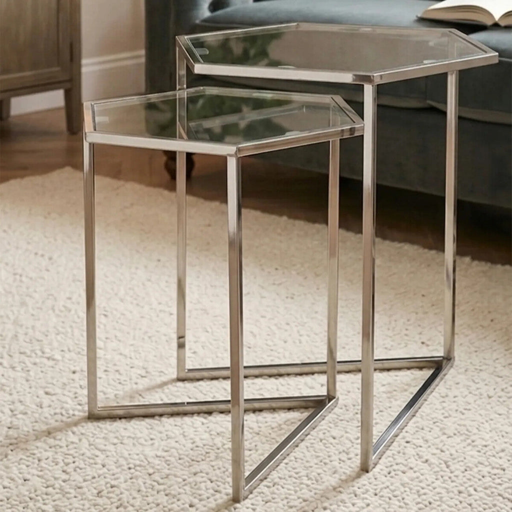 Silver Finish Set of 2 Hexagonal Nesting Tables