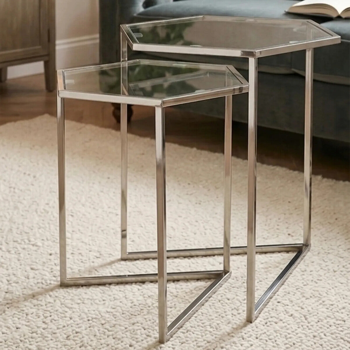 Silver Finish Set of 2 Hexagonal Nesting Tables