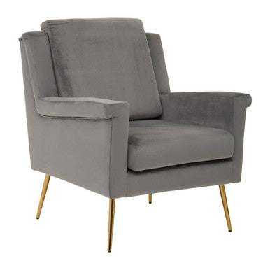 Grey Velvet Armchair with Gold Finish Metal Legs