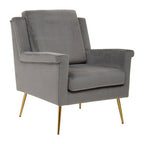 Grey Velvet Armchair with Gold Finish Metal Legs