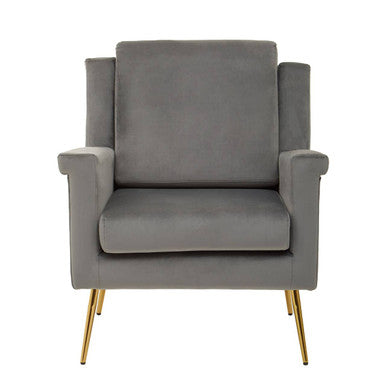 Grey Velvet Armchair with Gold Finish Metal Legs