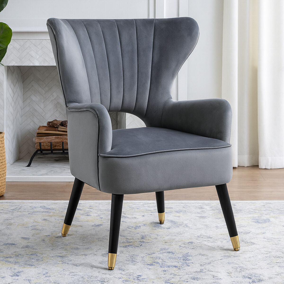 Grey Velvet Wingback Armchair with Channel Tufting