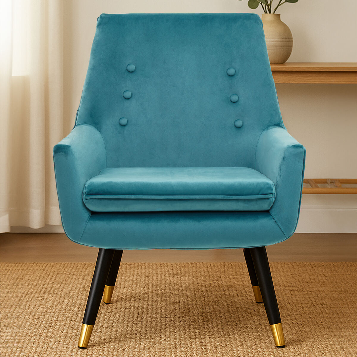 Green Velvet Armchair with Button Tufting