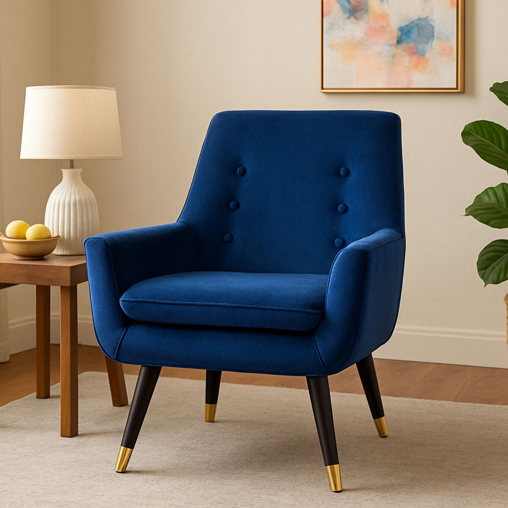 Midnight Blue Velvet Armchair with Button Tufting