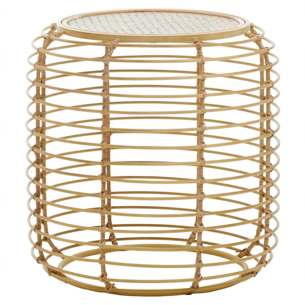Natural Rattan Round Side Table with Antique Gold Finish Frame