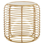 Natural Rattan Round Side Table with Antique Gold Finish Frame