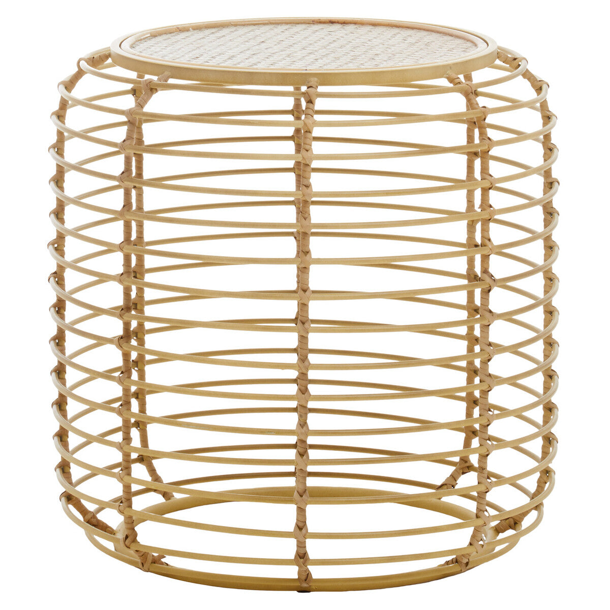 Natural Rattan Round Side Table with Antique Gold Finish Frame