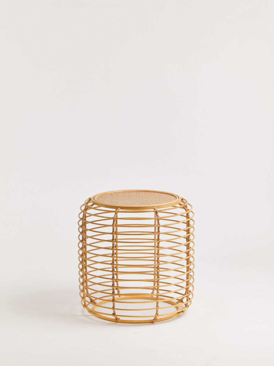 Natural Rattan Round Side Table with Antique Gold Finish Frame