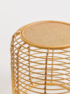 Natural Rattan Round Side Table with Antique Gold Finish Frame