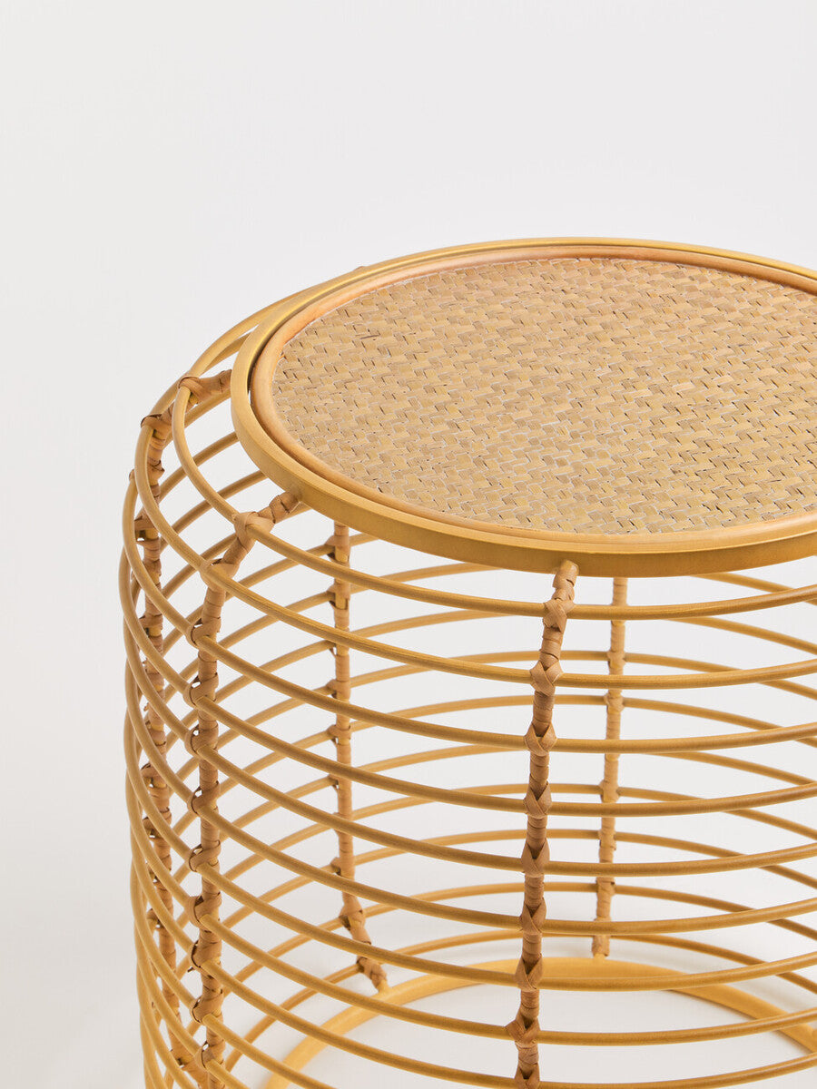 Natural Rattan Round Side Table with Antique Gold Finish Frame