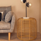 Natural Rattan Round Side Table with Antique Gold Finish Frame
