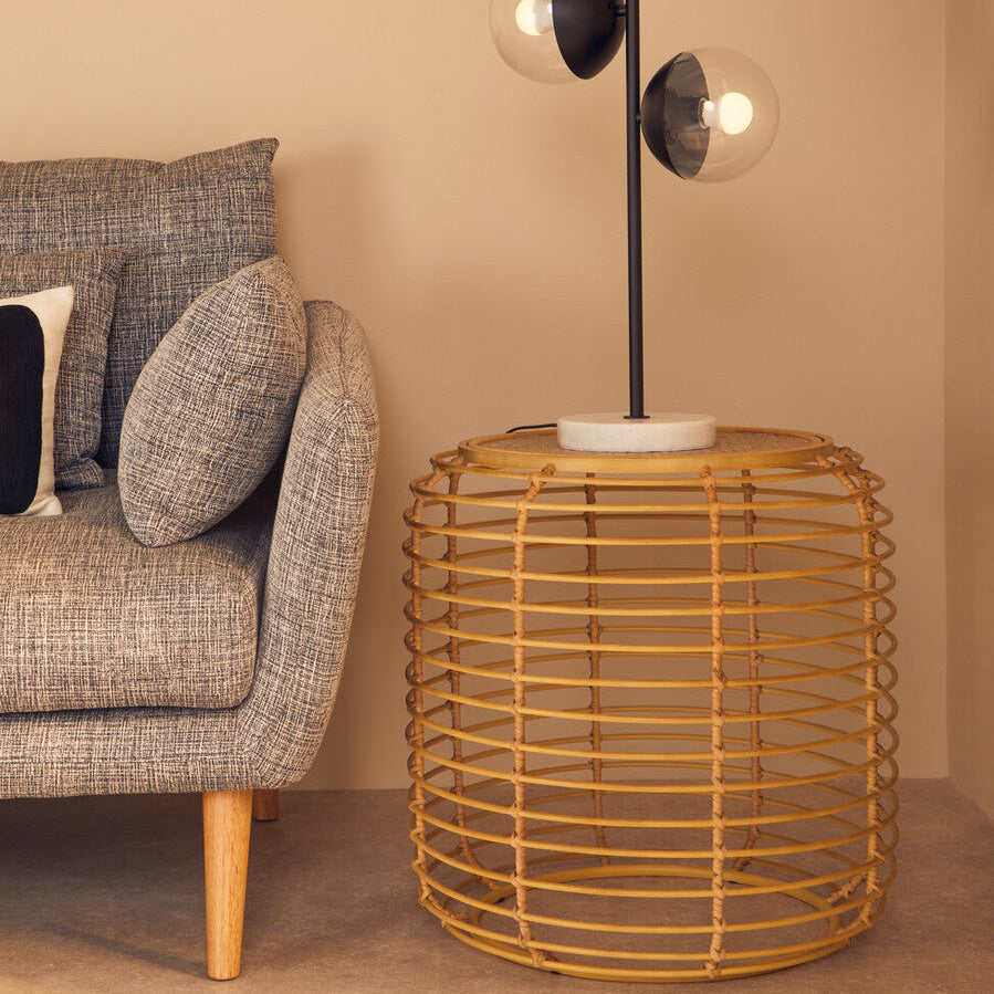 Natural Rattan Round Side Table with Antique Gold Finish Frame