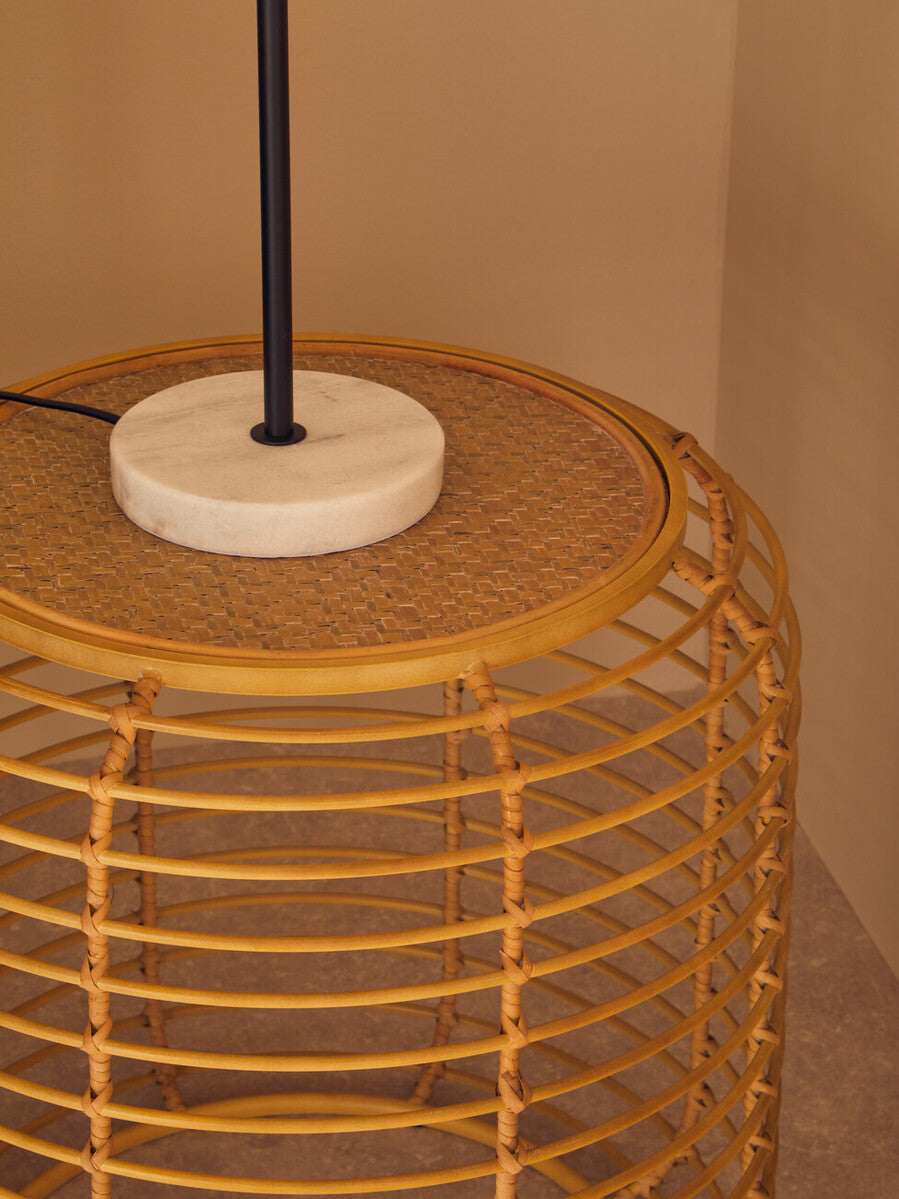Natural Rattan Round Side Table with Antique Gold Finish Frame