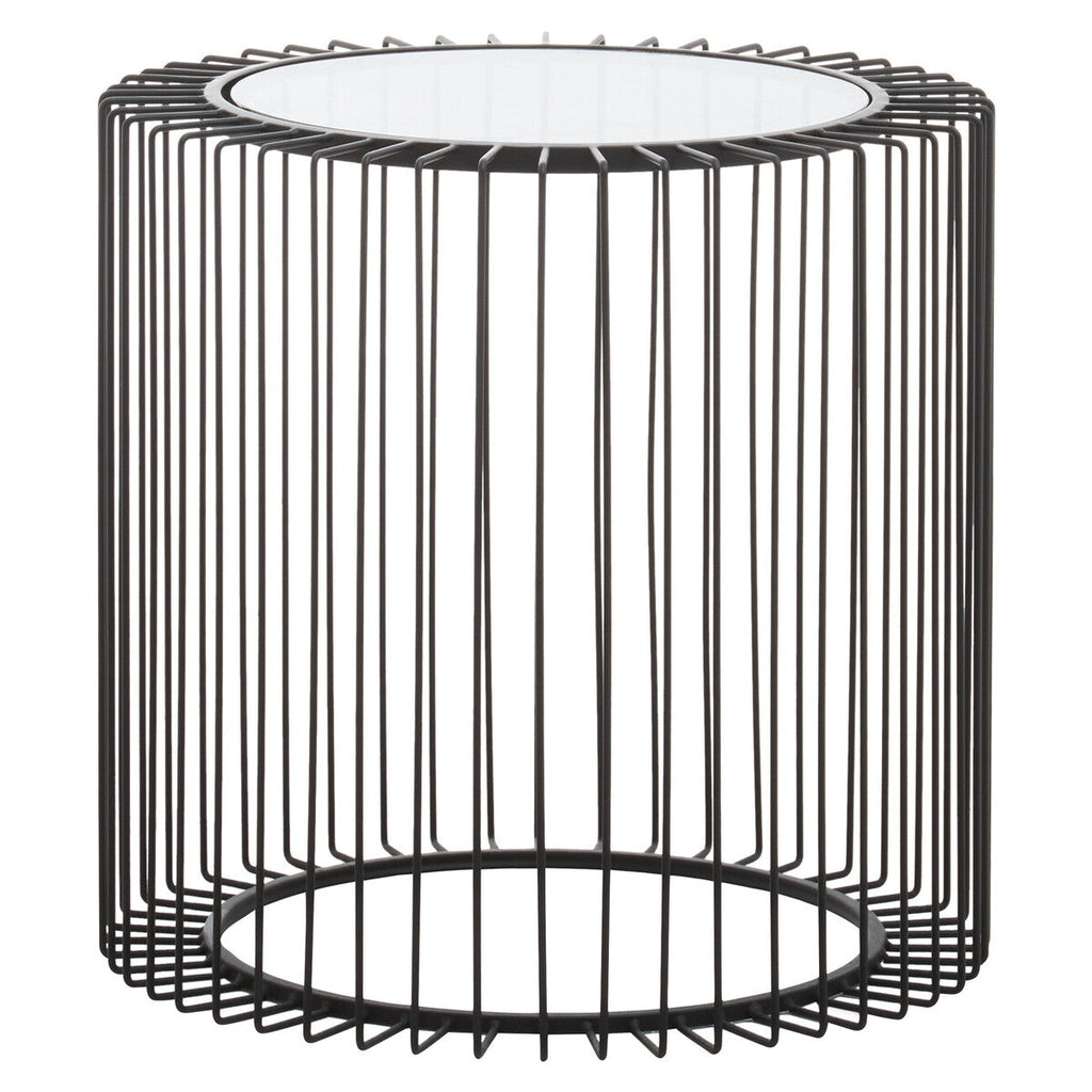 Black Metal and Glass Round Side Table with Cage Design