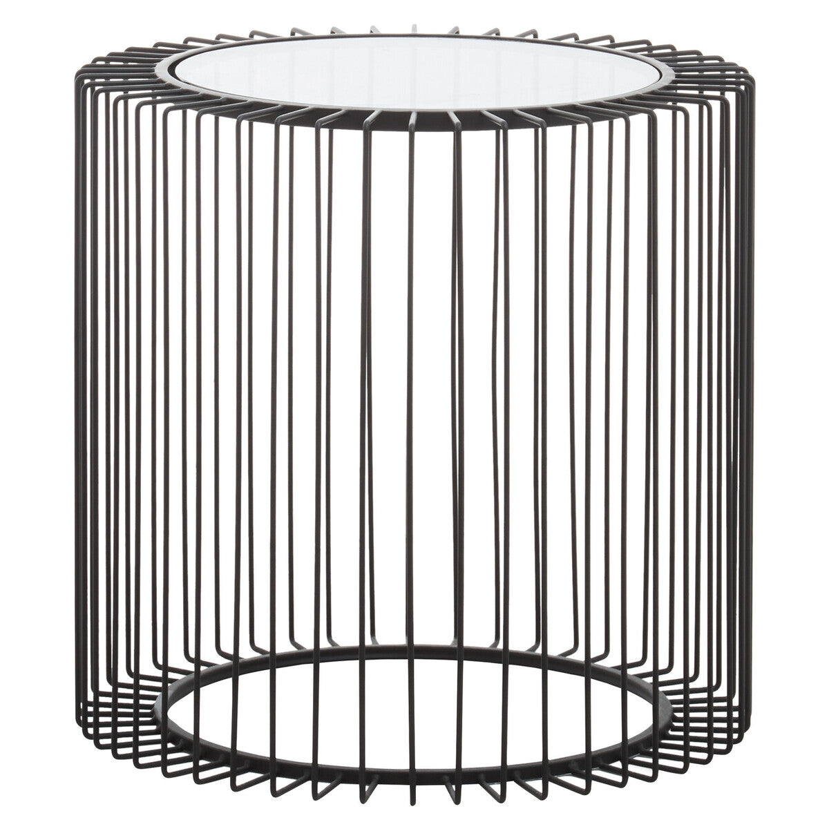 Black Metal and Glass Round Side Table with Cage Design