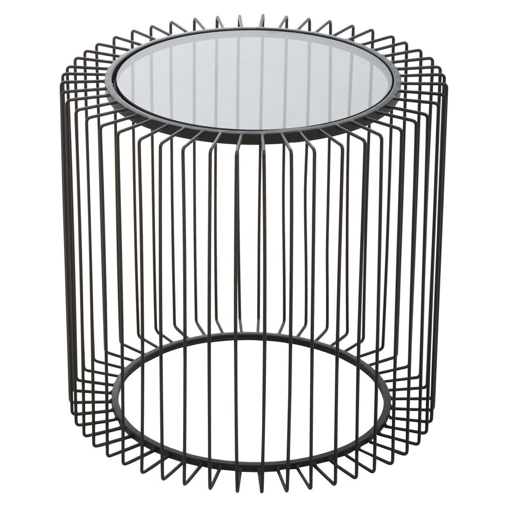 Black Metal and Glass Round Side Table with Cage Design
