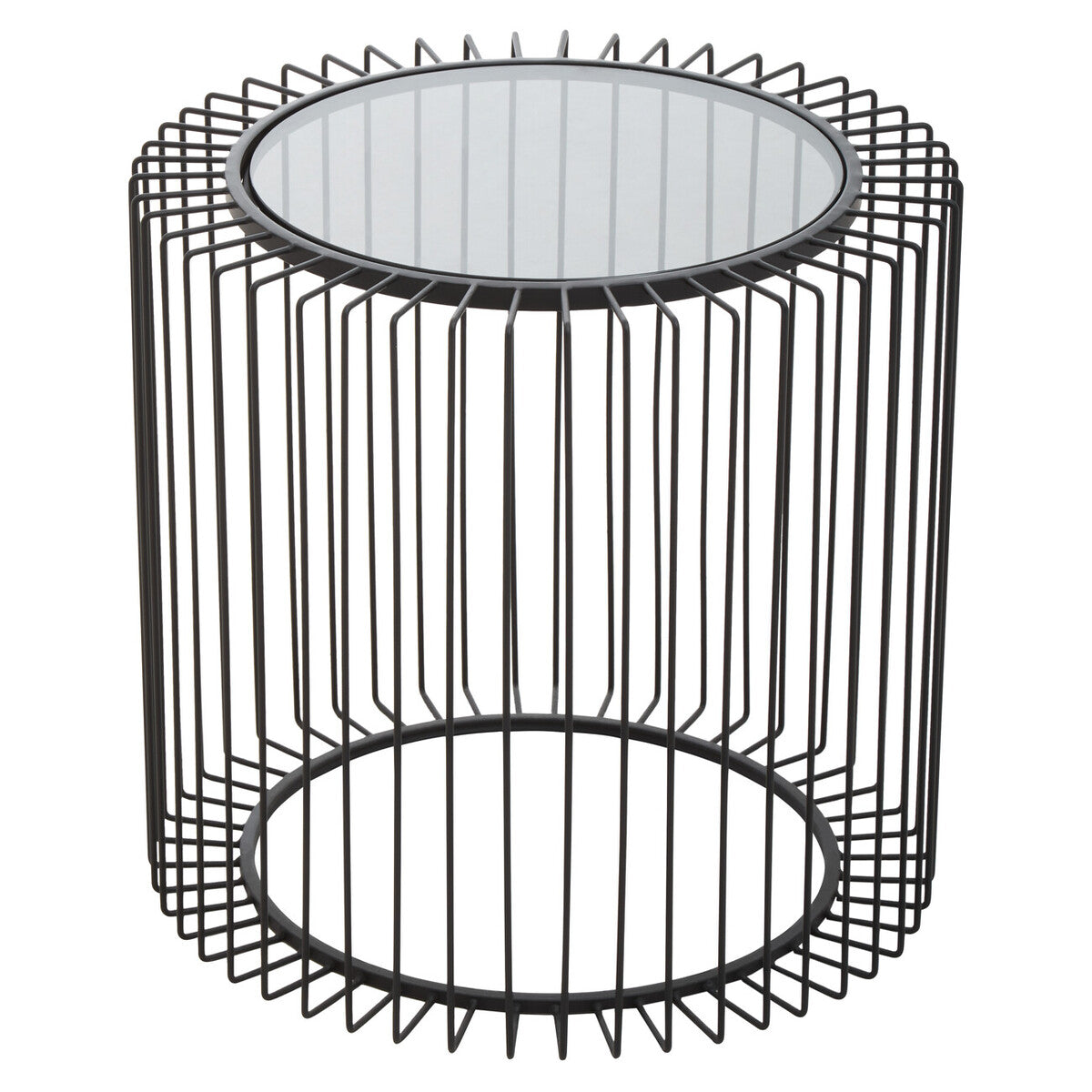 Black Metal and Glass Round Side Table with Cage Design