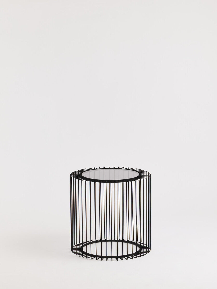 Black Metal and Glass Round Side Table with Cage Design
