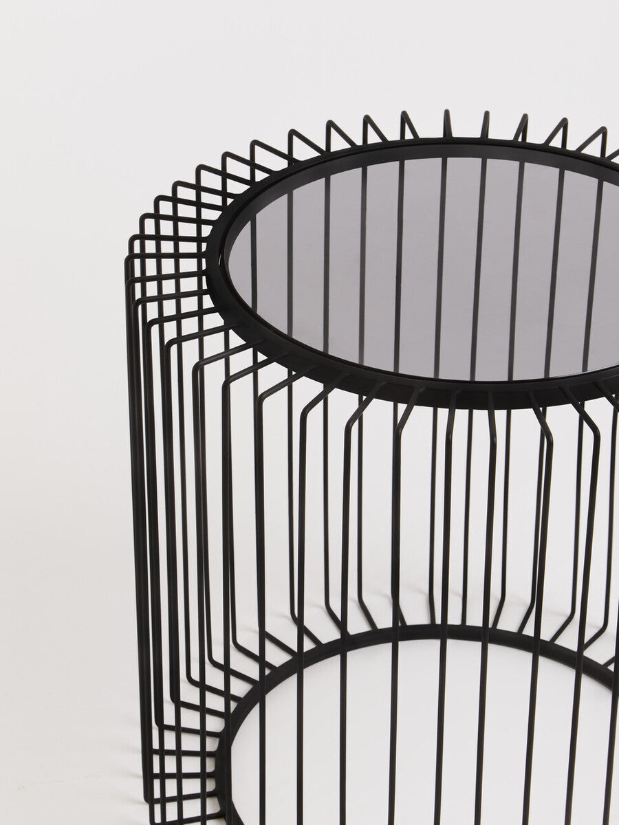 Black Metal and Glass Round Side Table with Cage Design