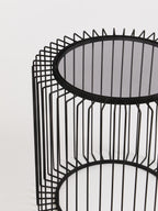 Black Metal and Glass Round Side Table with Cage Design