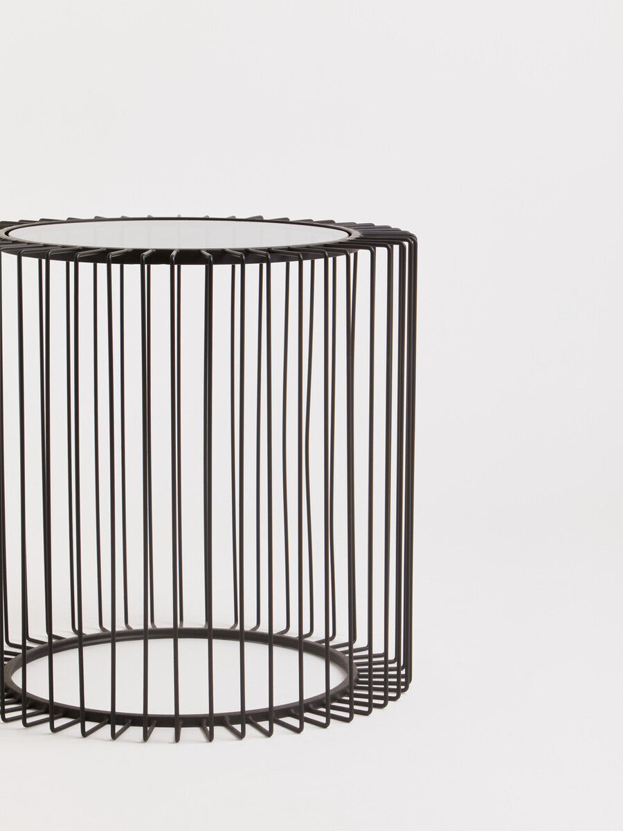 Black Metal and Glass Round Side Table with Cage Design