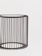 Black Metal and Glass Round Side Table with Cage Design