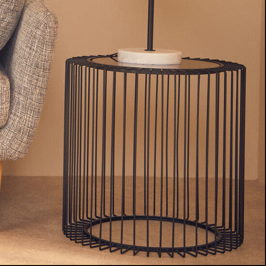Black Metal and Glass Round Side Table with Cage Design