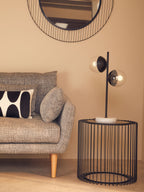 Black Metal and Glass Round Side Table with Cage Design