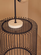 Black Metal and Glass Round Side Table with Cage Design