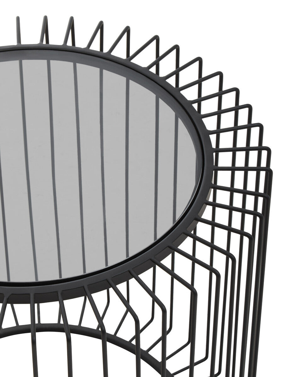 Black Metal and Glass Round Side Table with Cage Design