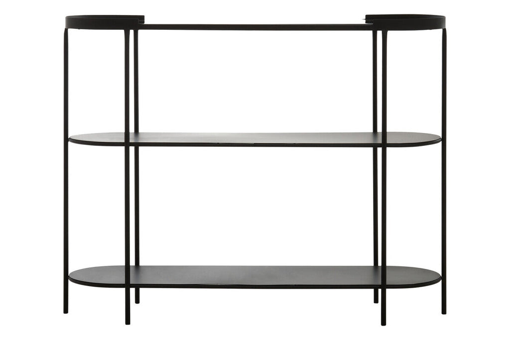 Grey Glass Top Console Table With Two-Tier Shelves And Black Metal Frame